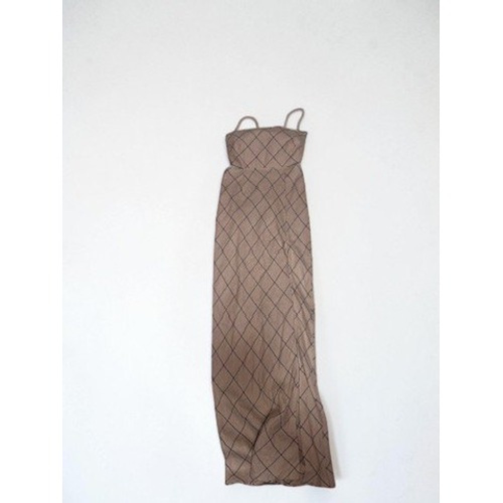 Rumer Brand Taupe 100% Linen Windowpane Check Maxi Dress Spaghetti Strap Size M - Picture 5 of 7